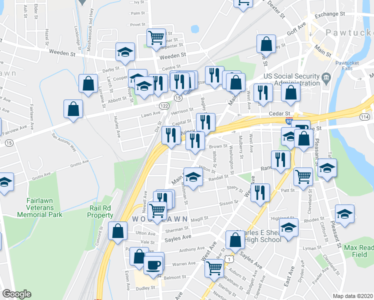 map of restaurants, bars, coffee shops, grocery stores, and more near 12 Carson Street in Pawtucket