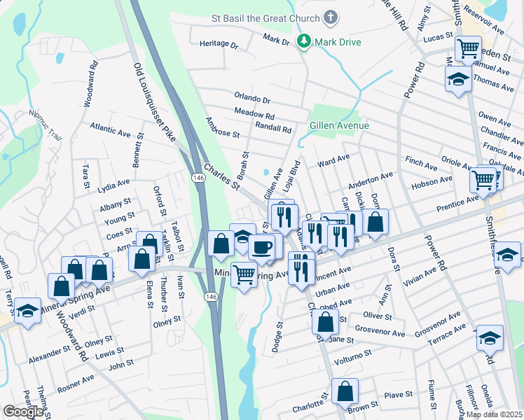 map of restaurants, bars, coffee shops, grocery stores, and more near 35 Cooper Street in North Providence