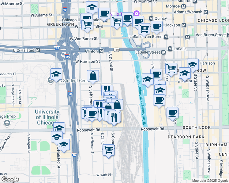 map of restaurants, bars, coffee shops, grocery stores, and more near 801 South Canal Street in Chicago