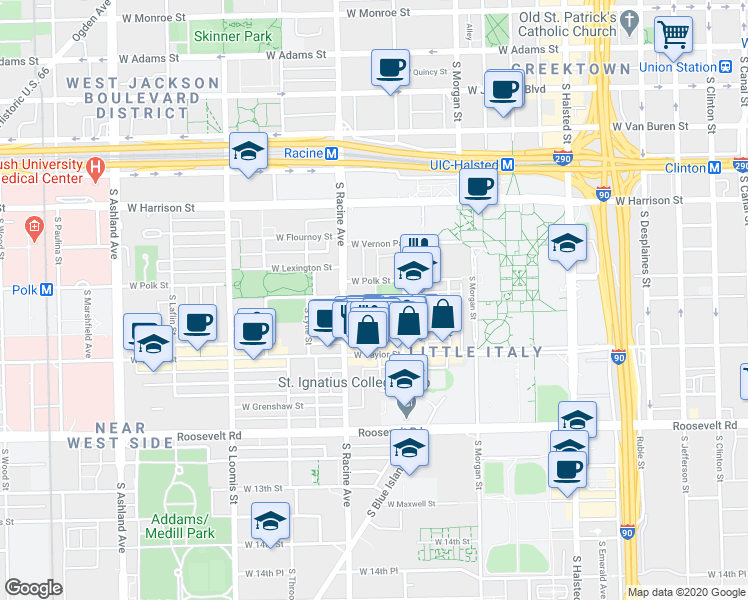 map of restaurants, bars, coffee shops, grocery stores, and more near 826 South May Street in Chicago