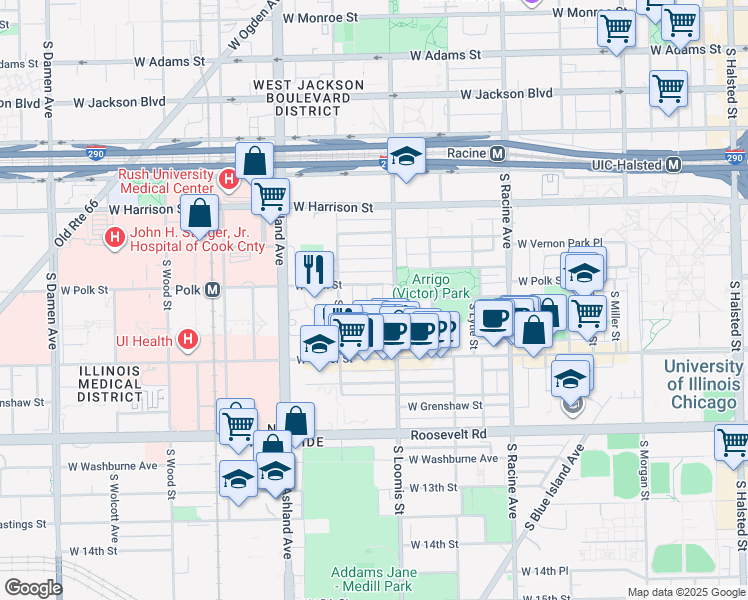 map of restaurants, bars, coffee shops, grocery stores, and more near 820 South Bishop Street in Chicago