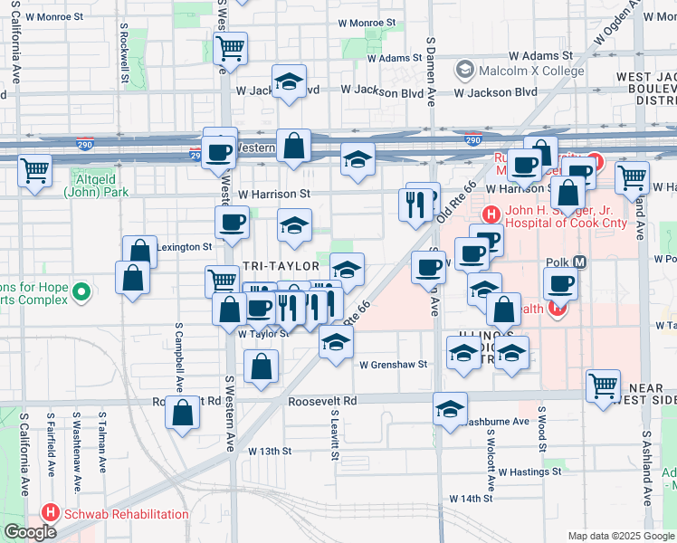 map of restaurants, bars, coffee shops, grocery stores, and more near 811 South Leavitt Street in Chicago