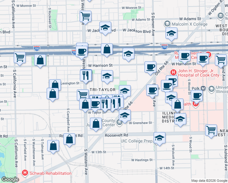 map of restaurants, bars, coffee shops, grocery stores, and more near 808 South Bell Avenue in Chicago