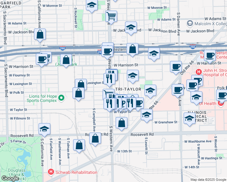 map of restaurants, bars, coffee shops, grocery stores, and more near in Chicago