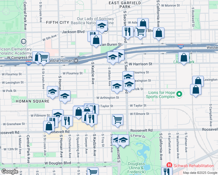 map of restaurants, bars, coffee shops, grocery stores, and more near 800 South Albany Avenue in Chicago