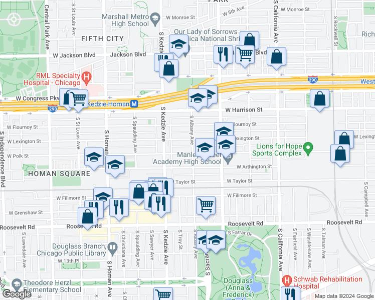 map of restaurants, bars, coffee shops, grocery stores, and more near 800 South Albany Avenue in Chicago