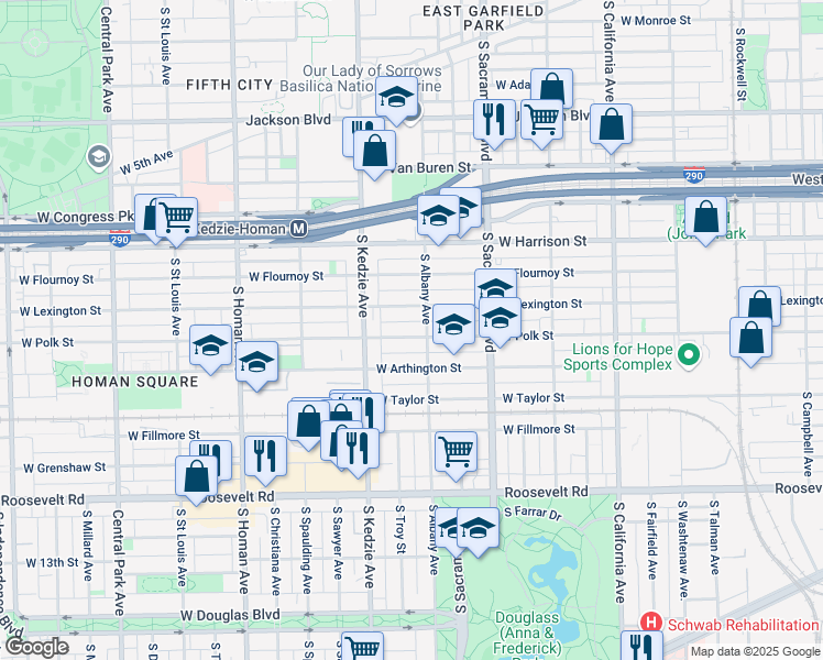 map of restaurants, bars, coffee shops, grocery stores, and more near 800 South Albany Avenue in Chicago