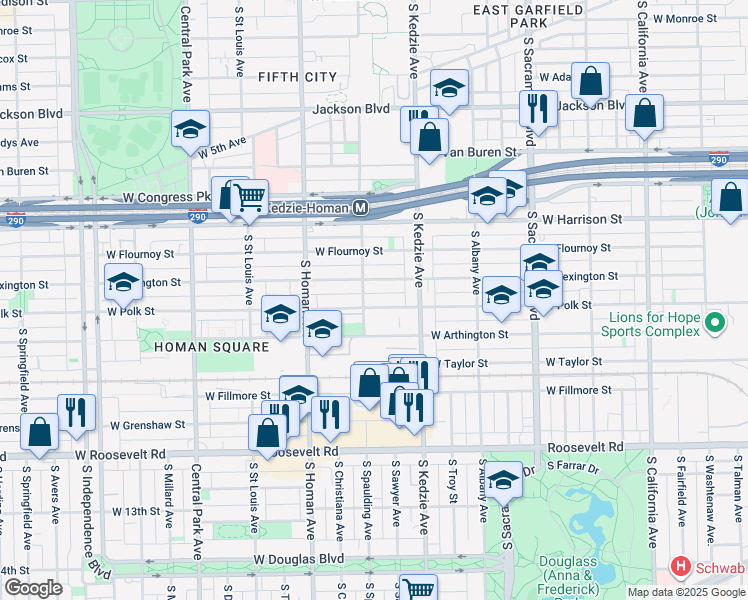 map of restaurants, bars, coffee shops, grocery stores, and more near 3256 West Polk Street in Chicago