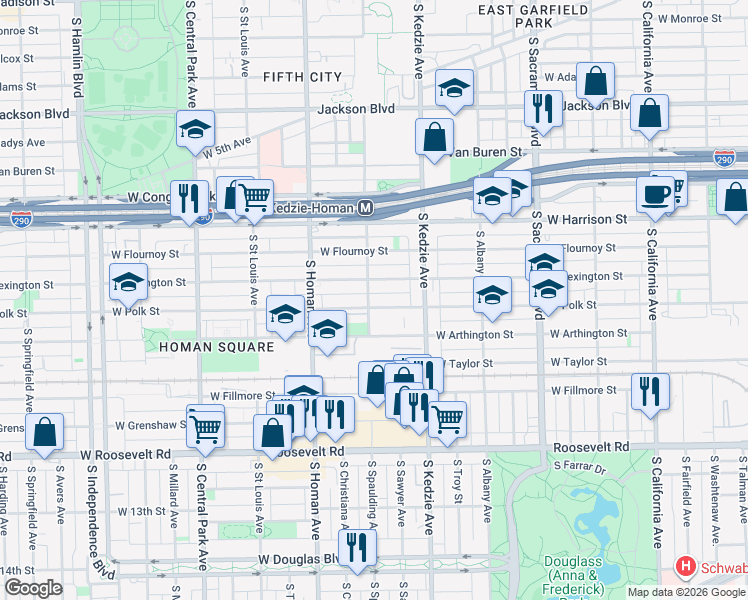 map of restaurants, bars, coffee shops, grocery stores, and more near 3256 West Polk Street in Chicago