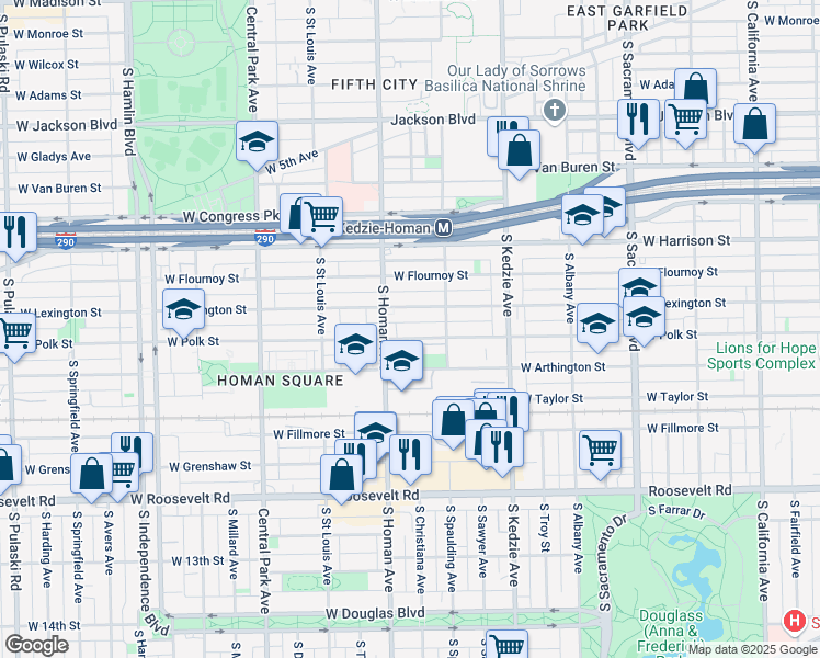 map of restaurants, bars, coffee shops, grocery stores, and more near 3330 West Polk Street in Chicago