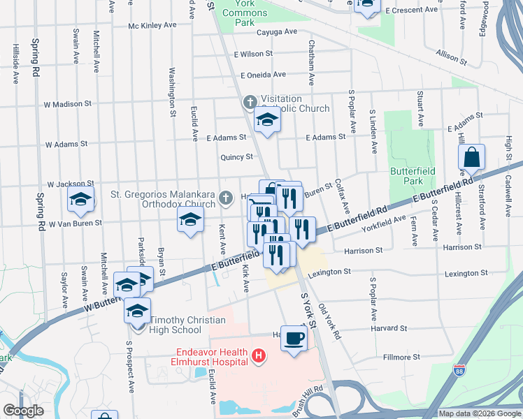 map of restaurants, bars, coffee shops, grocery stores, and more near 171 East Van Buren Street in Elmhurst