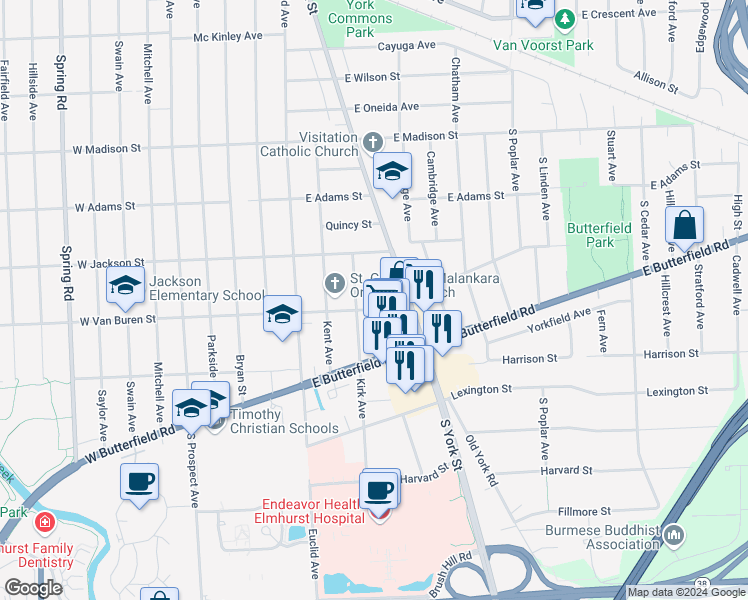 map of restaurants, bars, coffee shops, grocery stores, and more near 171 East Van Buren Street in Elmhurst