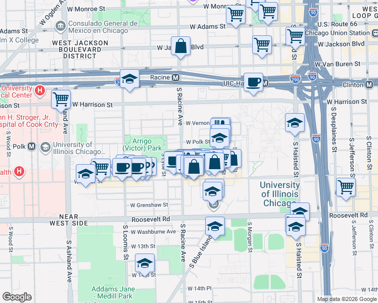map of restaurants, bars, coffee shops, grocery stores, and more near 826 South May Street in Chicago