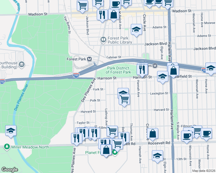 map of restaurants, bars, coffee shops, grocery stores, and more near 829 Lathrop Avenue in Forest Park