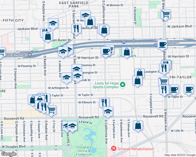 map of restaurants, bars, coffee shops, grocery stores, and more near 2837 West Polk Street in Chicago