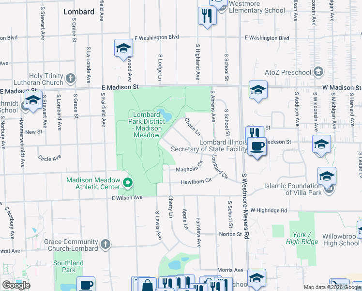 map of restaurants, bars, coffee shops, grocery stores, and more near 628 Lilac Way in Lombard