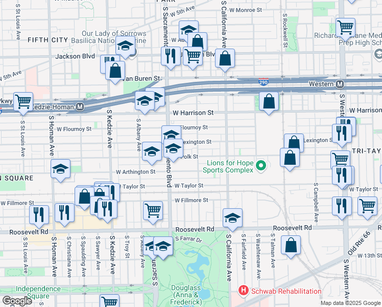 map of restaurants, bars, coffee shops, grocery stores, and more near 2910 West Polk Street in Chicago
