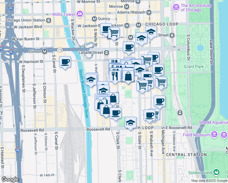 map of restaurants, bars, coffee shops, grocery stores, and more near 900 South Clark Street in Chicago