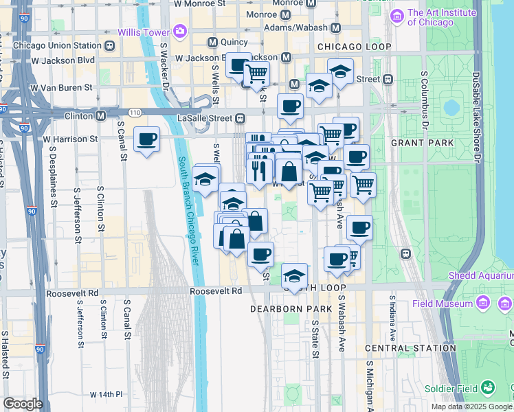 map of restaurants, bars, coffee shops, grocery stores, and more near 850 South Clark Street in Chicago