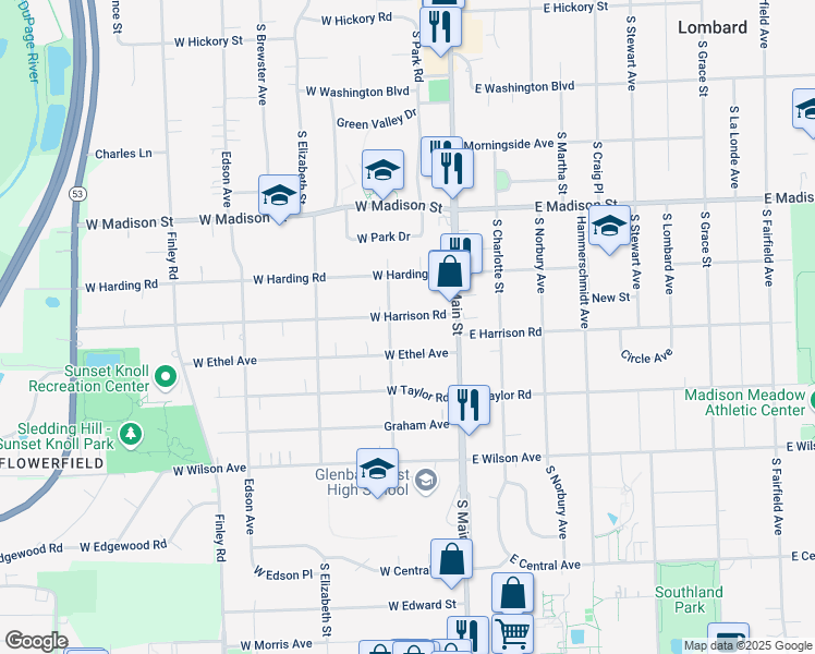 map of restaurants, bars, coffee shops, grocery stores, and more near 39 West Harrison Road in Lombard