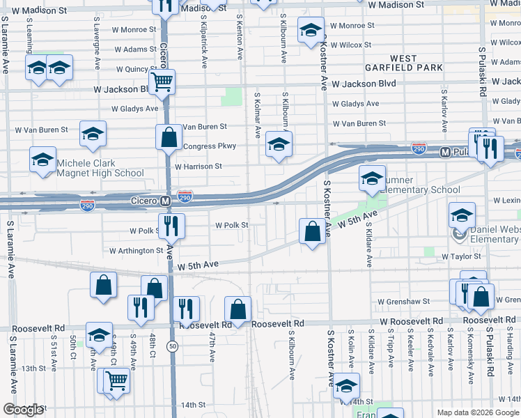 map of restaurants, bars, coffee shops, grocery stores, and more near 4532 West Polk Street in Chicago