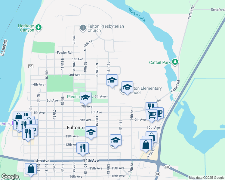 map of restaurants, bars, coffee shops, grocery stores, and more near 415 12th Street in Fulton