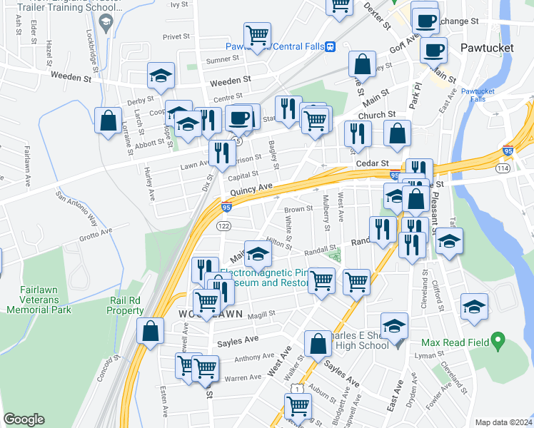 map of restaurants, bars, coffee shops, grocery stores, and more near 15 Slater Street in Pawtucket