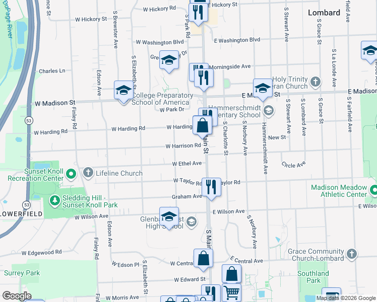 map of restaurants, bars, coffee shops, grocery stores, and more near 39 West Harrison Road in Lombard