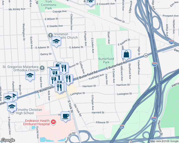map of restaurants, bars, coffee shops, grocery stores, and more near 307 Butterfield Road in Elmhurst