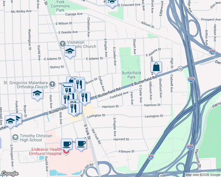 map of restaurants, bars, coffee shops, grocery stores, and more near 323 East Butterfield Road in Elmhurst