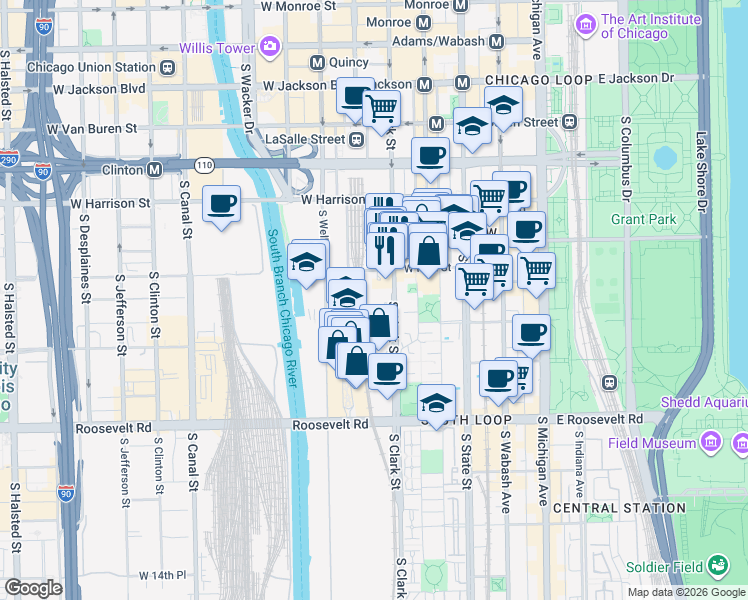 map of restaurants, bars, coffee shops, grocery stores, and more near 850 South Clark Street in Chicago