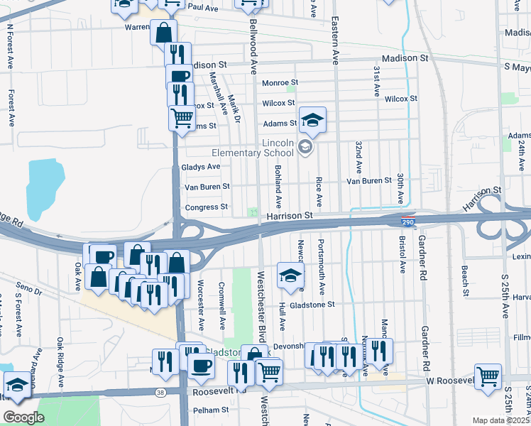 map of restaurants, bars, coffee shops, grocery stores, and more near 1133 Bellwood Avenue in Bellwood