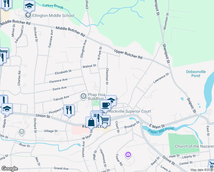 map of restaurants, bars, coffee shops, grocery stores, and more near 29 Chestnut Street in Ellington