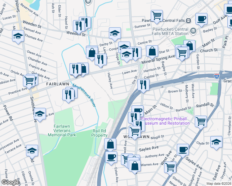 map of restaurants, bars, coffee shops, grocery stores, and more near 49 Grotto Avenue in Pawtucket