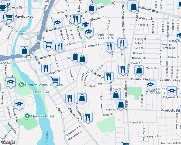map of restaurants, bars, coffee shops, grocery stores, and more near 61 Columbus Avenue in Pawtucket