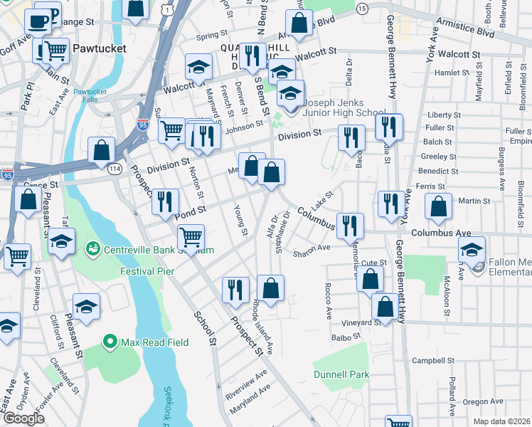 map of restaurants, bars, coffee shops, grocery stores, and more near 97 Arch Street in Pawtucket