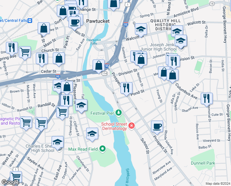 map of restaurants, bars, coffee shops, grocery stores, and more near 180 Portuguese Social Club Way in Pawtucket