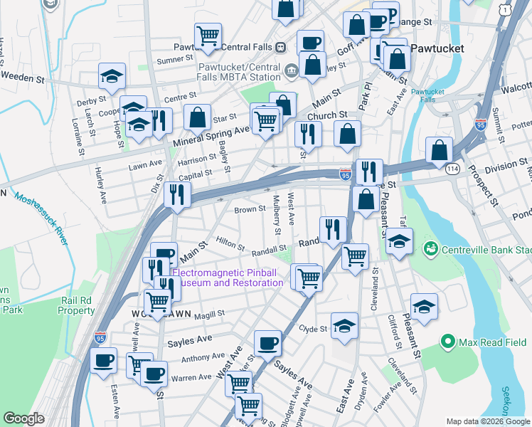 map of restaurants, bars, coffee shops, grocery stores, and more near 147 Mulberry Street in Pawtucket