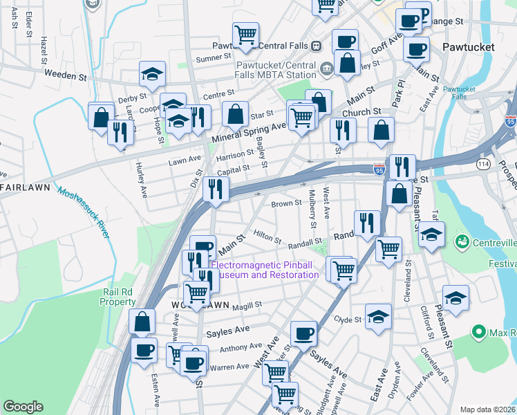 map of restaurants, bars, coffee shops, grocery stores, and more near 744 Main Street in Pawtucket