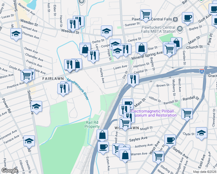 map of restaurants, bars, coffee shops, grocery stores, and more near 40 Grotto Avenue in Pawtucket