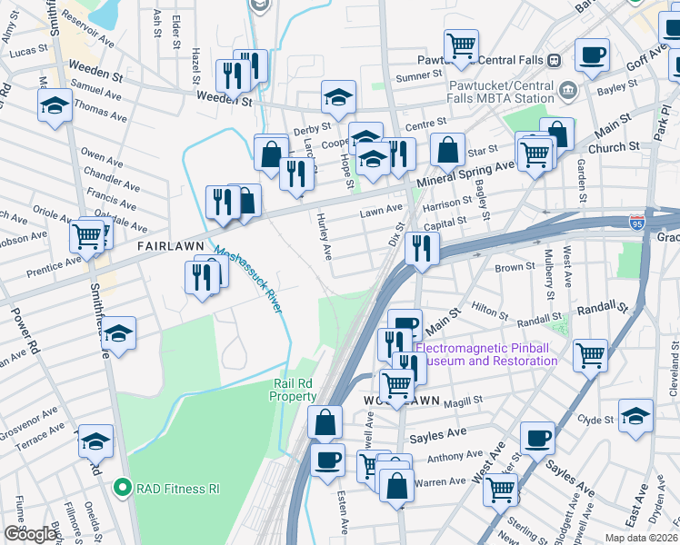 map of restaurants, bars, coffee shops, grocery stores, and more near 40 Grotto Avenue in Pawtucket