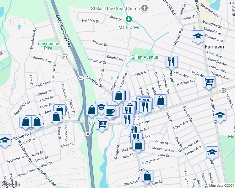 map of restaurants, bars, coffee shops, grocery stores, and more near 35 Cooper Street in North Providence