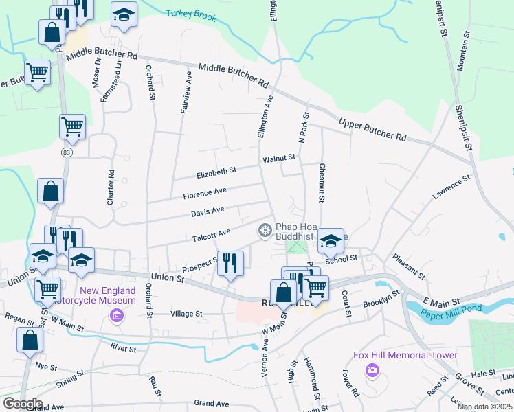 map of restaurants, bars, coffee shops, grocery stores, and more near 6 Talcott Avenue in Vernon