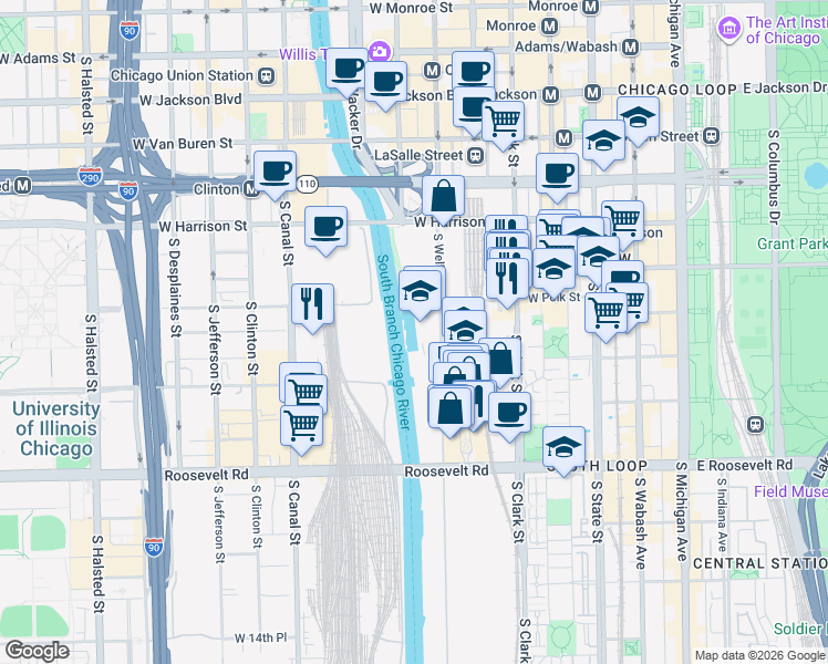 map of restaurants, bars, coffee shops, grocery stores, and more near 810 South Wells Street in Chicago