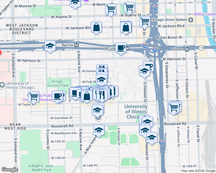 map of restaurants, bars, coffee shops, grocery stores, and more near 828 South Miller Street in Chicago