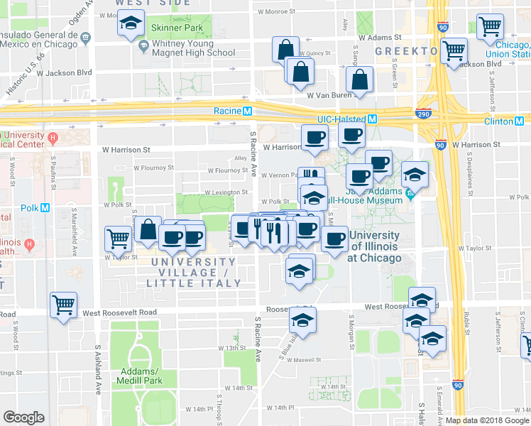 map of restaurants, bars, coffee shops, grocery stores, and more near 826 South May Street in Chicago