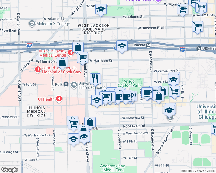 map of restaurants, bars, coffee shops, grocery stores, and more near 820 South Bishop Street in Chicago