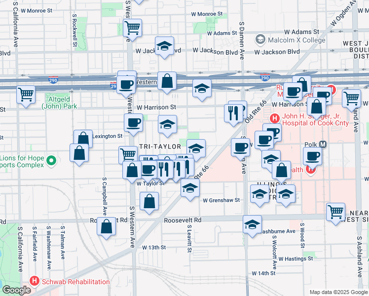 map of restaurants, bars, coffee shops, grocery stores, and more near 811 South Leavitt Street in Chicago