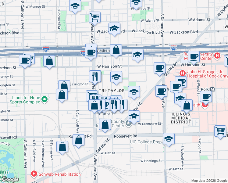map of restaurants, bars, coffee shops, grocery stores, and more near 810 South Oakley Boulevard in Chicago