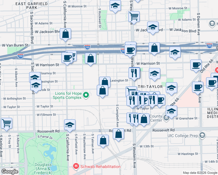 map of restaurants, bars, coffee shops, grocery stores, and more near 2549 West Polk Street in Chicago